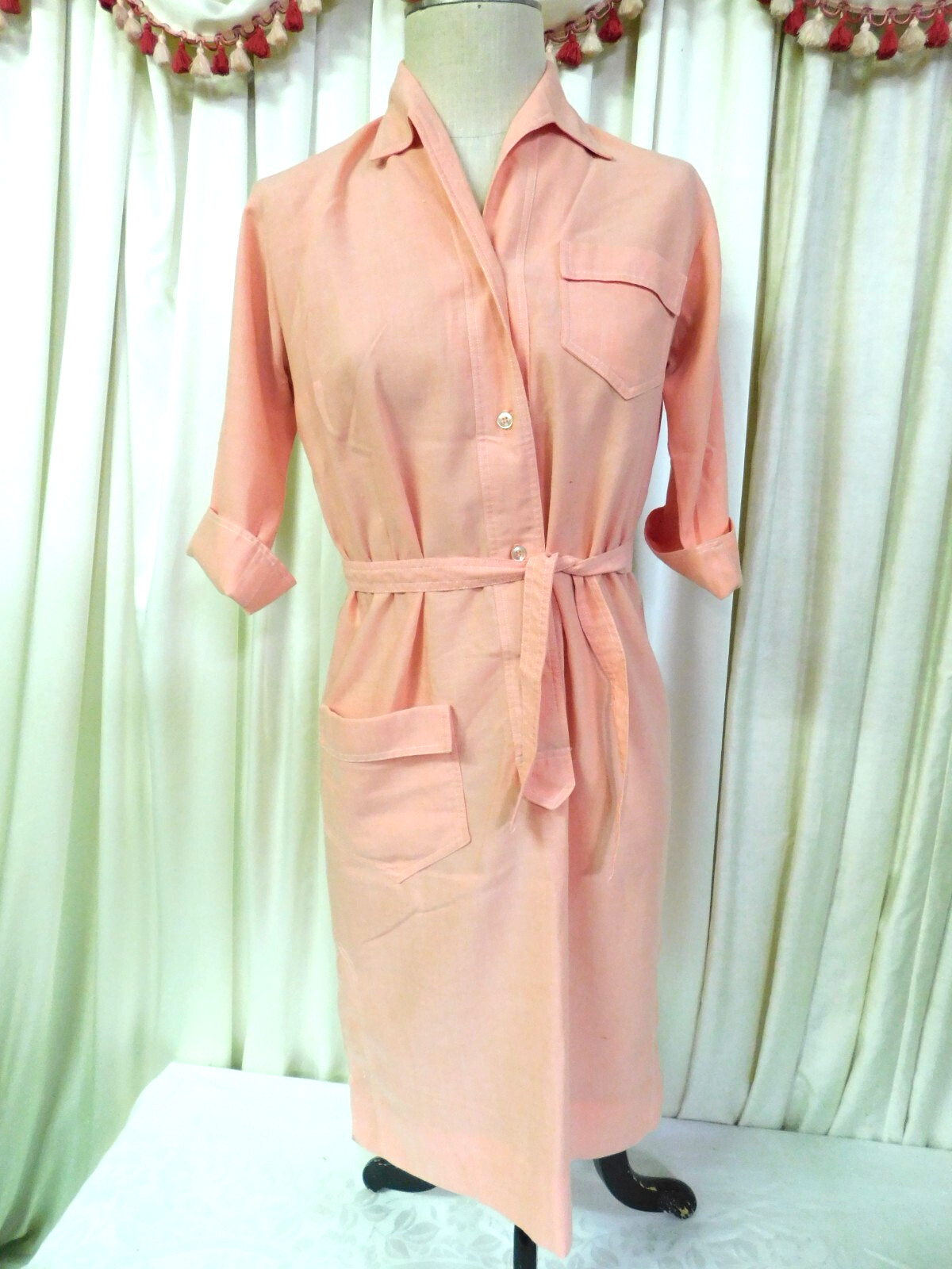Vintage SERBIN OF FLORIDA ORANGE Shirt Dress w/ Tie 38&Prime;W 60&rsquo;s MCM )*