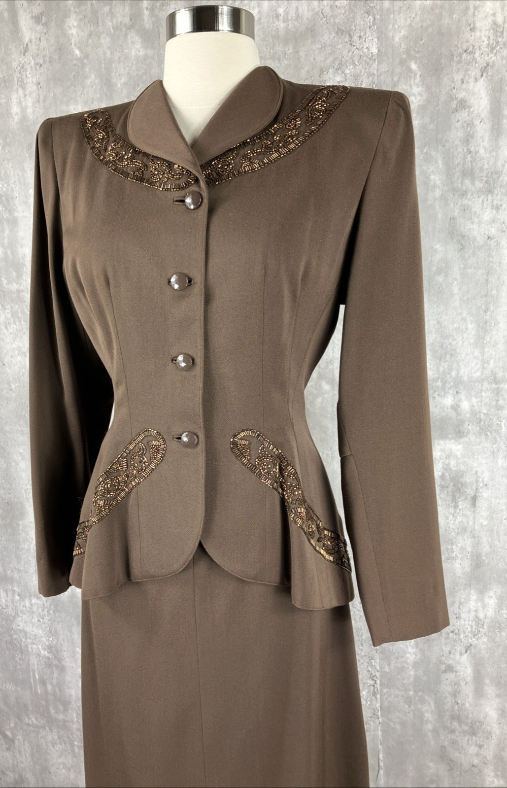 Vintage 1940s Swansdown Brown Wool Gabardine Beaded Skirt Suit MINT