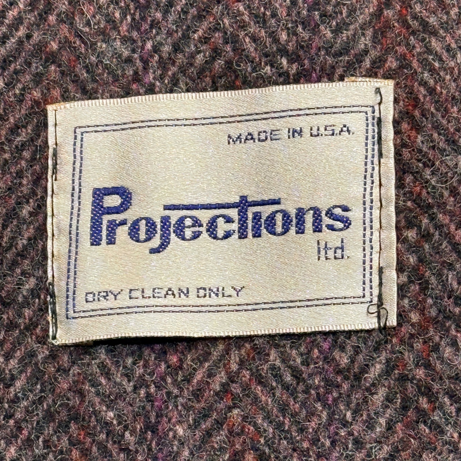 Vintage Projections Ltd Herringbone Wool Long Coat Funnel Neck Union Made USA M