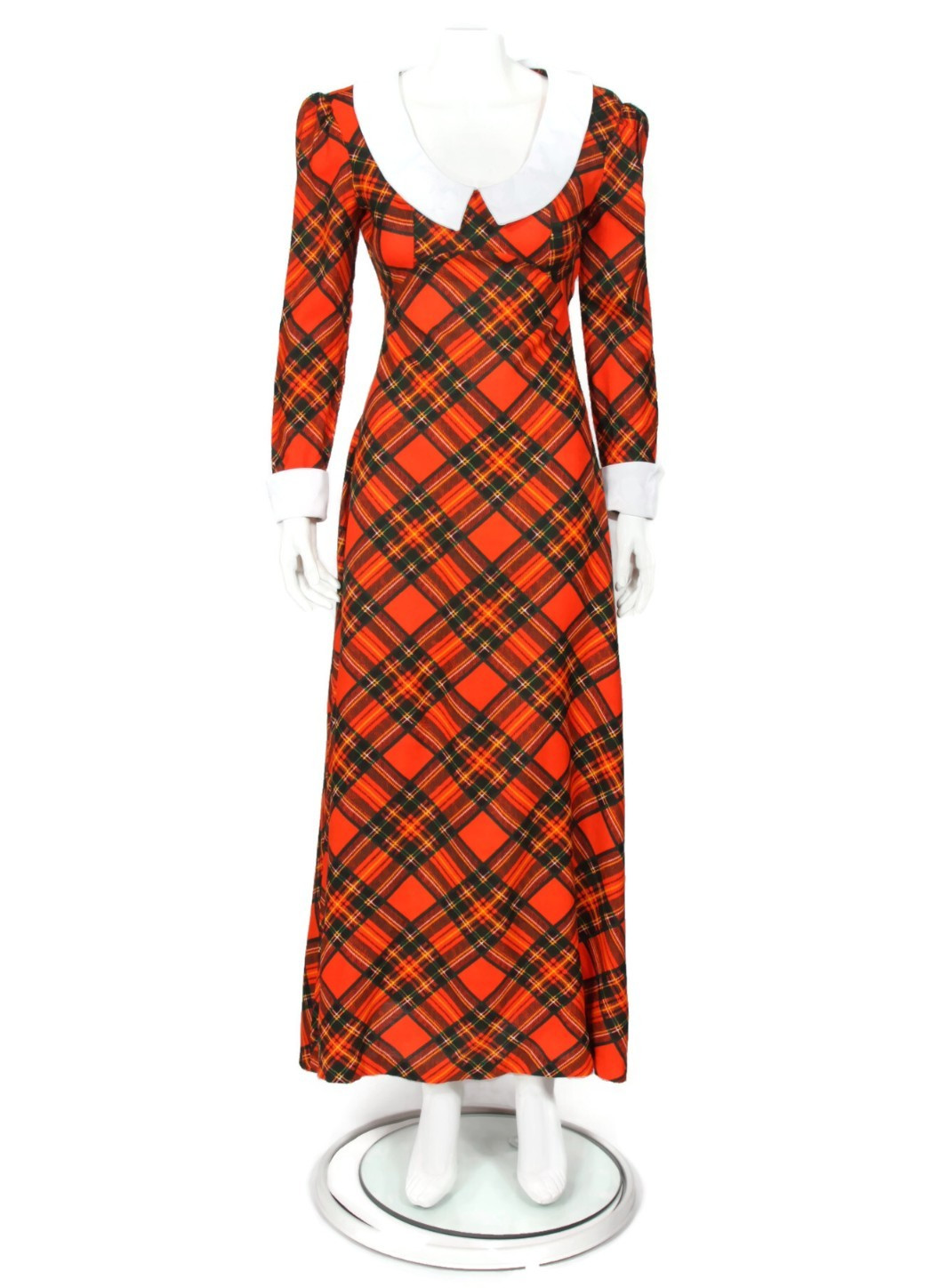 Vintage 70s JOSEPH MAGNIN Neon Red Plaid Peter Pan Collar Maxi Dress XS /730