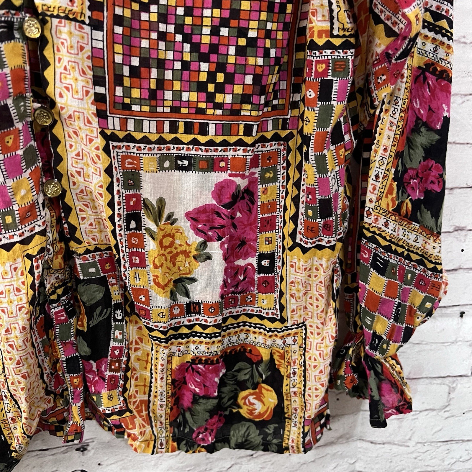 Vintage Gitano Blouse M Patchwork Floral Ruffle Collar Rayon Cotton 80s 90s Top