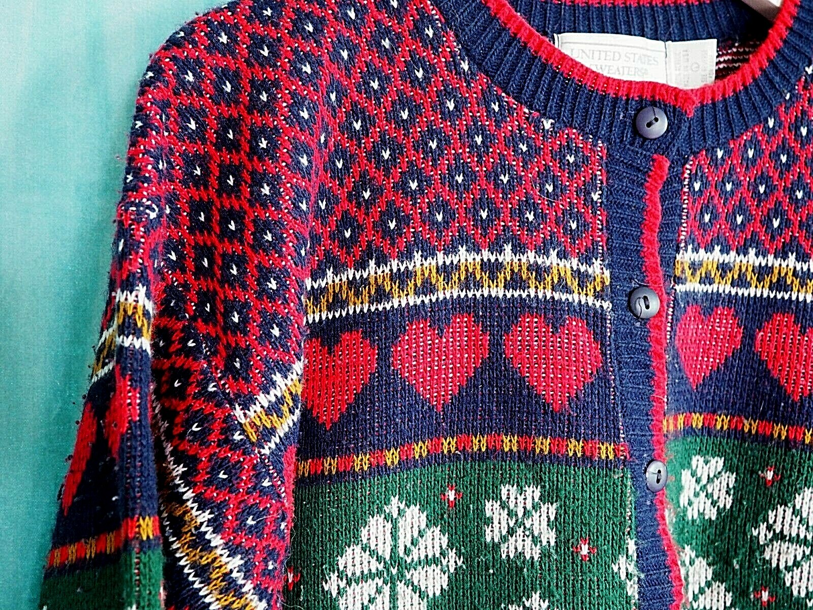 VTG United States Sweaters Winter Holiday Multicolor Knit Cardigan Womens Sz L