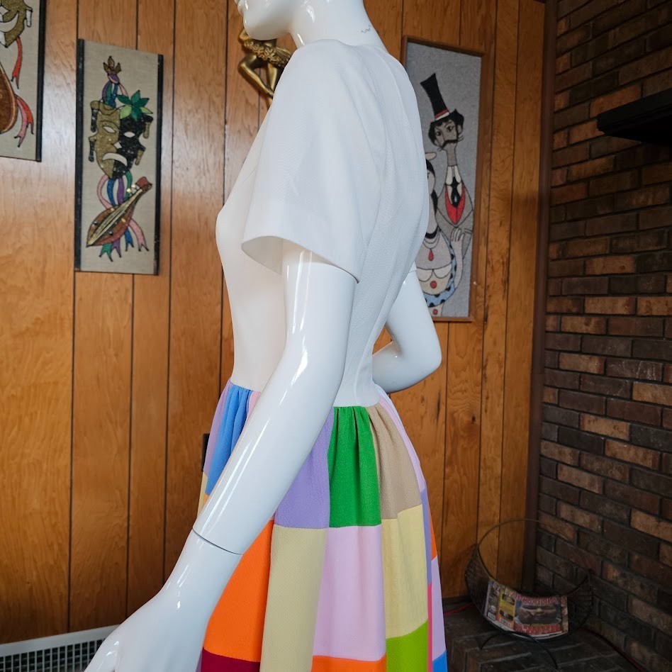 Vtg 70s Hippie Patchwork Rainbow Quilted Skirt Homespun Maxi Zip Front Dress S/M