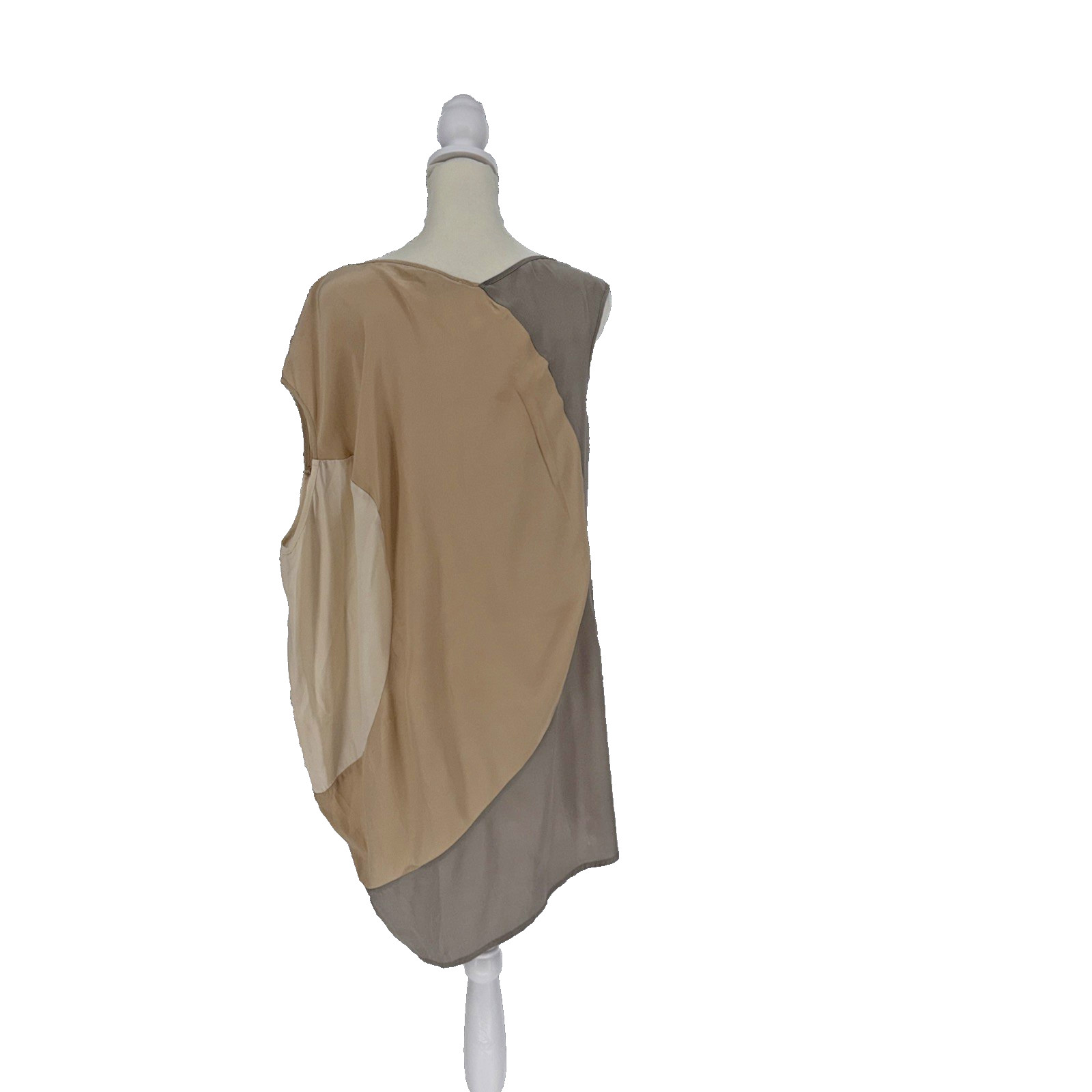 VTG Gold Hawk 100% Silk Blouse M Asymmetric Colorblock Sleeveless Top Beige USA