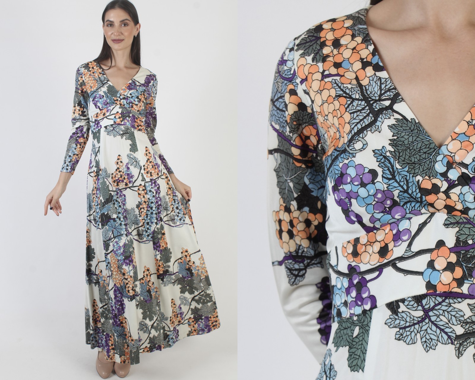 Vtg 70s Julie Miller Lounge Dress Nature Print Long Cocktail Party Host Maxi