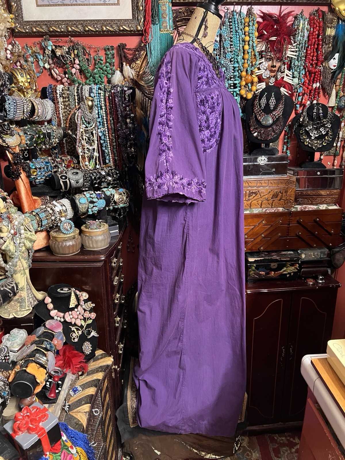 Gorgeous 1970s Oaxaca Mexico Purple Long Sleeve Dress Multi Embroidery M