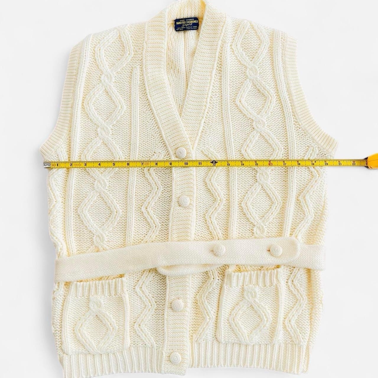 Vintage Hand Full Fashioned Hand Loomed Ivory Knit Belted Sweater Vest