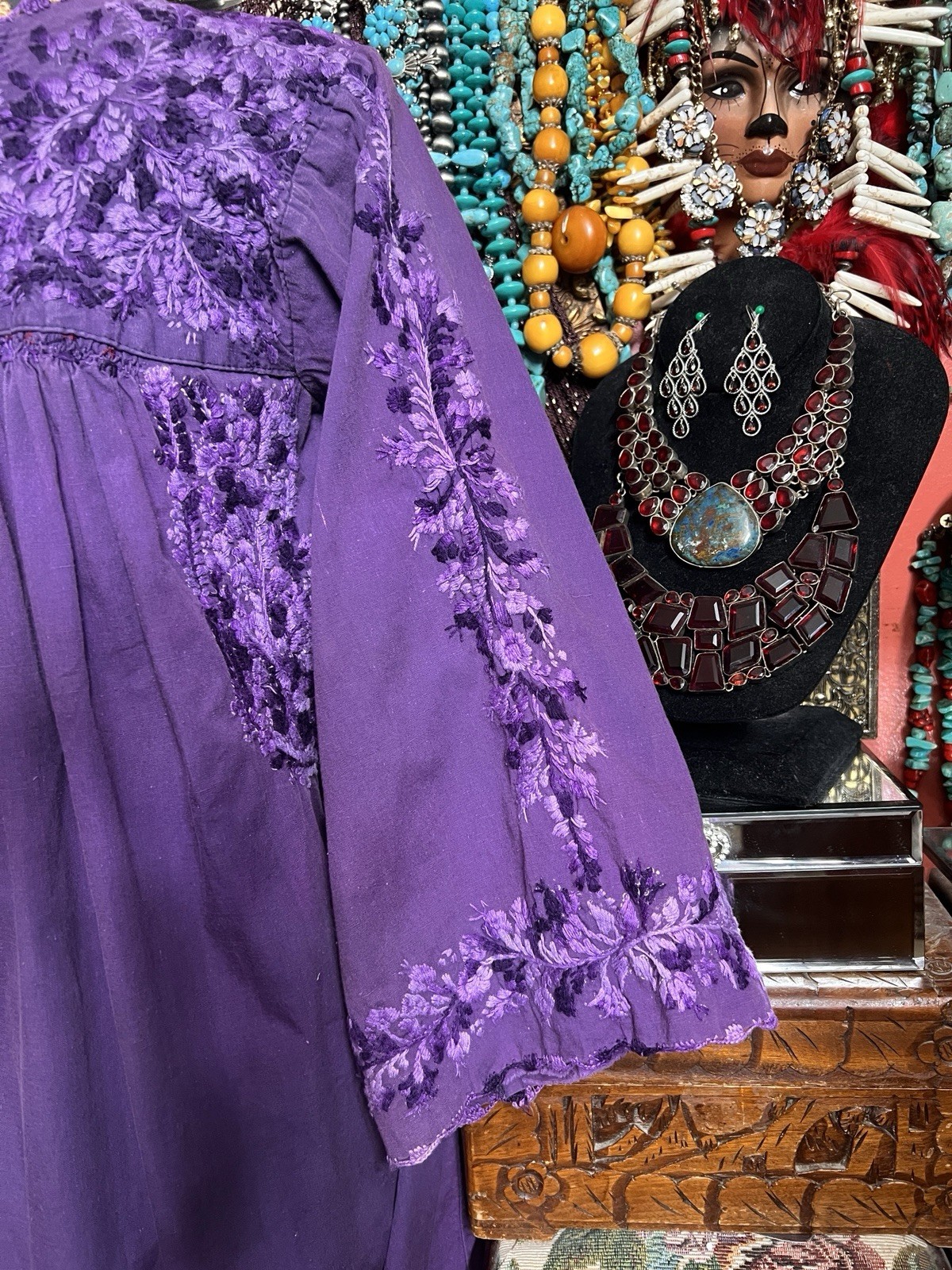 Gorgeous 1970s Oaxaca Mexico Purple Long Sleeve Dress Multi Embroidery M