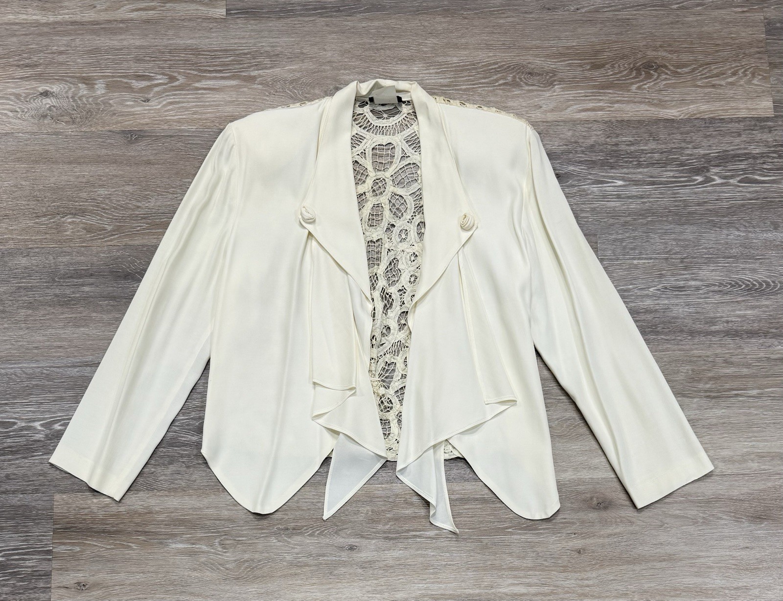 Vtg Wild Rose Jacket Battenburg Lace Back Boho Retro Fairy Ivory Nipped Waist
