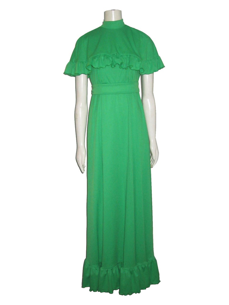 VTG House Of Bianchi Green Halter Ruffle Maxi Dress Gown With Cape 2pc Ensemble