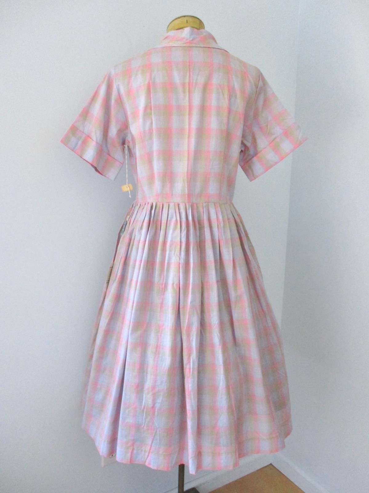 NOS w/Tag Vtg 50s Rockabilly Pink Shadow Plaid Shirtwaist Dress Sawtooth Trim 16
