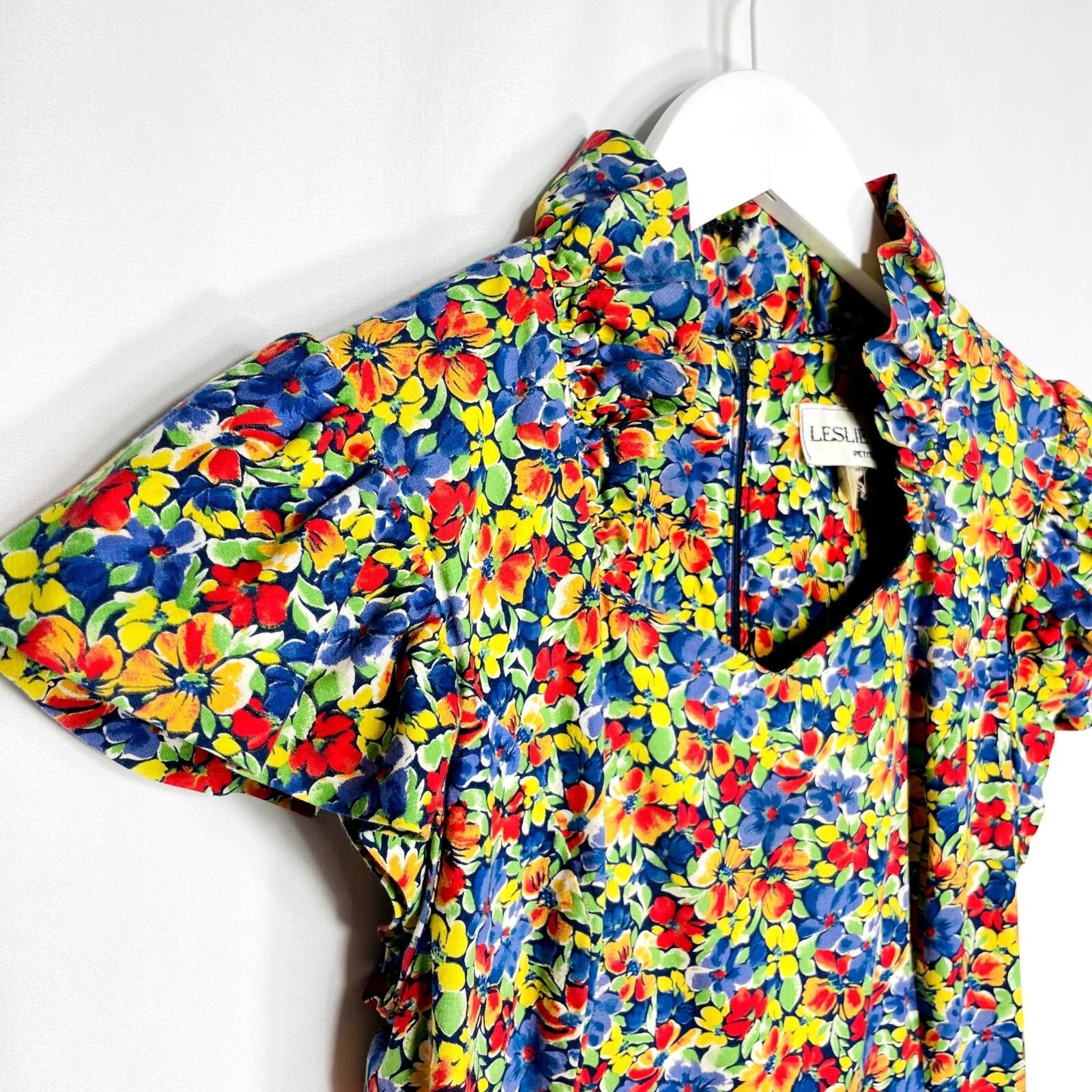 Vintage 80s Womens High Ruffle Neck Collar Flutter Sleeve Floral Dress 2 / XS
