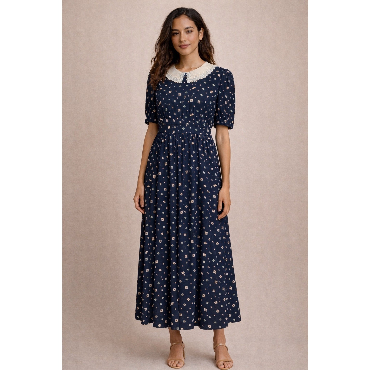 Karin Stevens Navy Blue Geometric Print Midi Dress Lace Collar Beaded Vintage 14