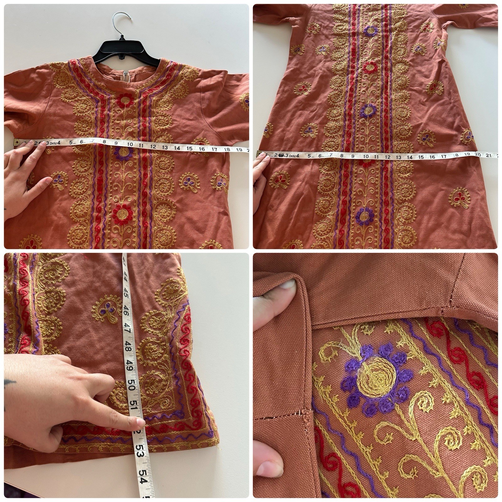 Vintage Handmade 60s 70s Embroidered Cotton Canvas Orange Kaftan Tunic Dress S?