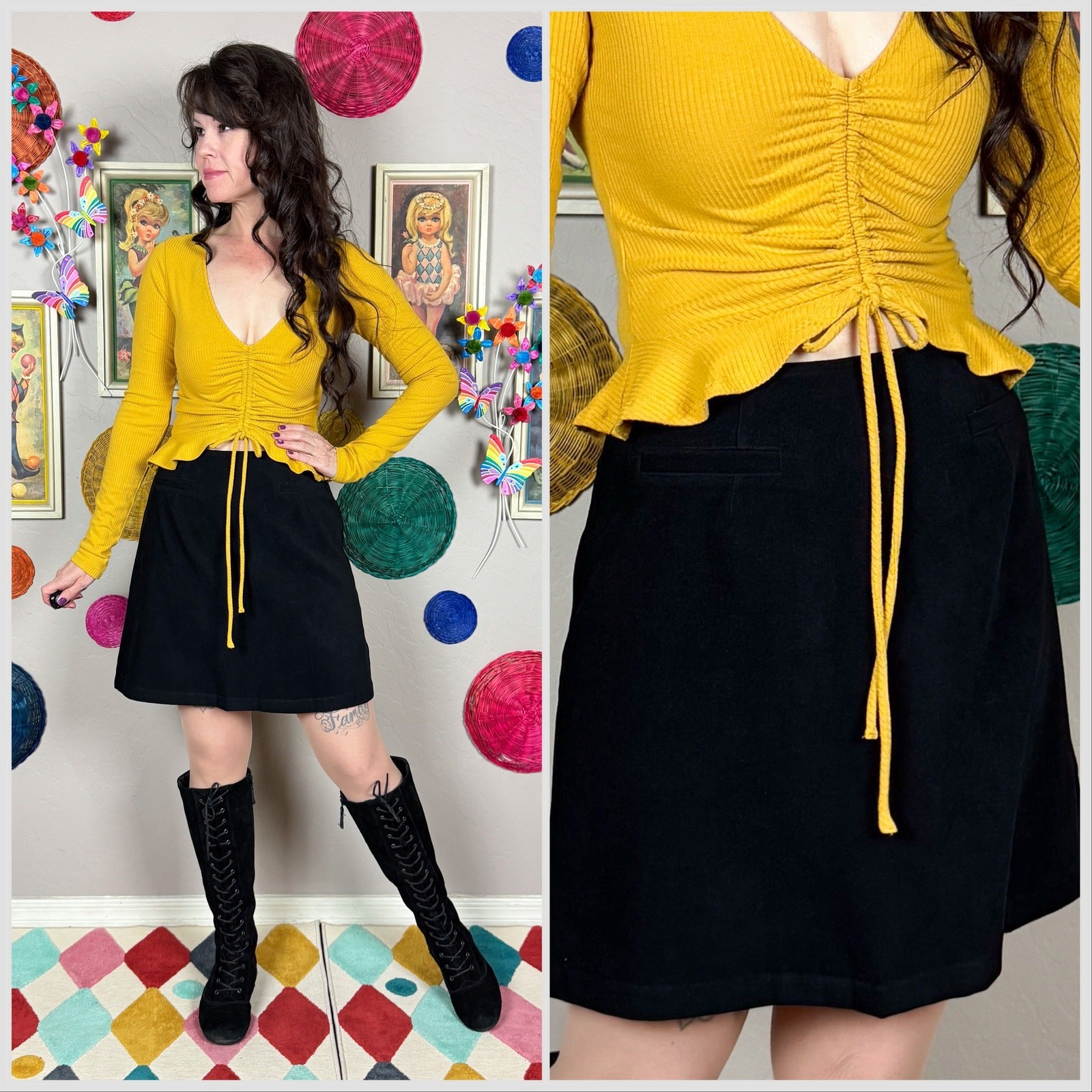 Vintage Y2K Black Velvet Mini A-Line Skirt | 30&Prime; Waist