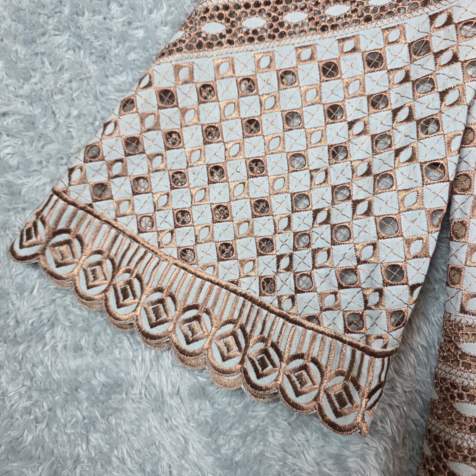Vtg 70s Guipure Lace V-Neck Top Copper Geometric Cutwork Boho Scalloped Peplum M