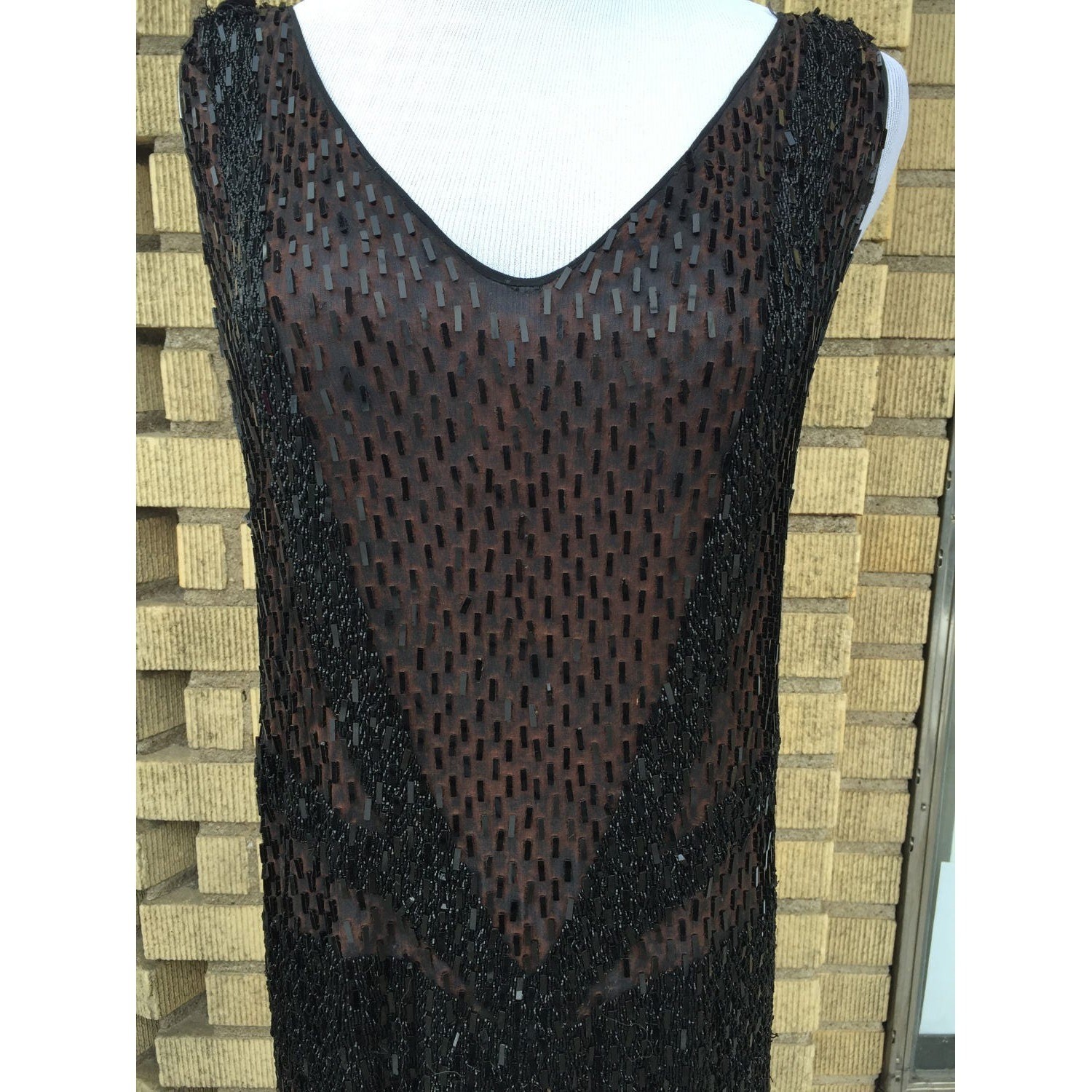 Rare 1920s Beaded Sequin Flapper Dress, Black Silk Chiffon Fringe, XS/S