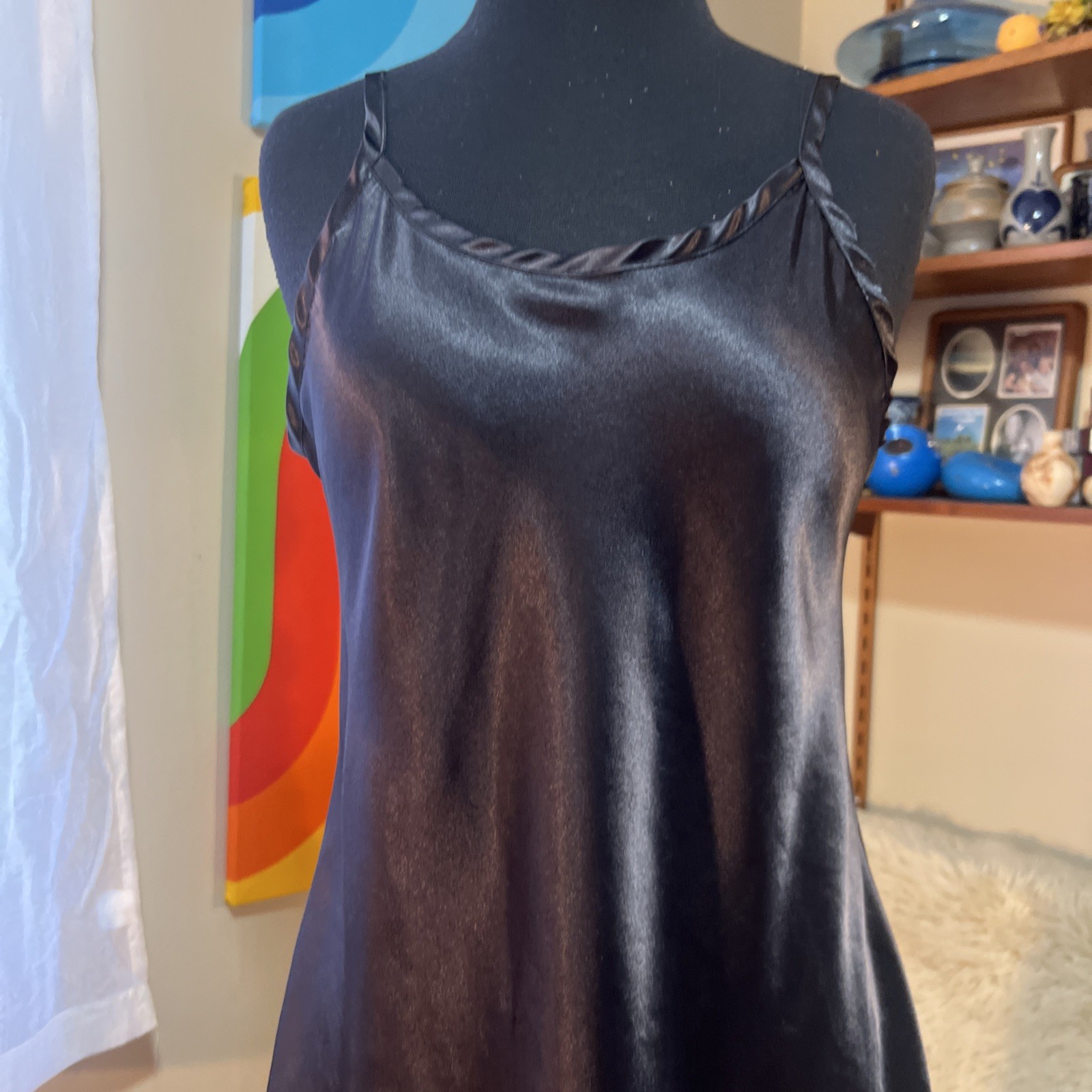 Vtg Gilligan & O’Malley Gold Label Glossy Satin Nightgown Slip Dress Black M