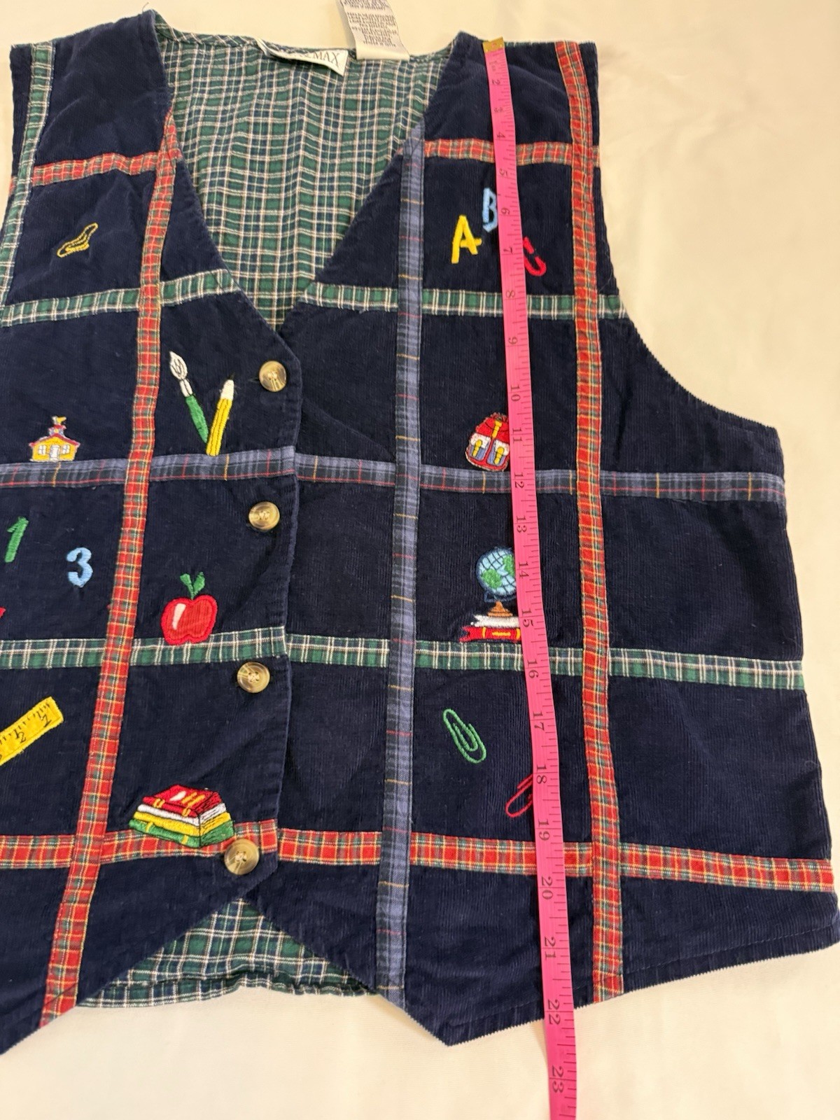 VTG 90s School Teacher Embroidered Plaid Detail Button Vest Pencils Apples Large
