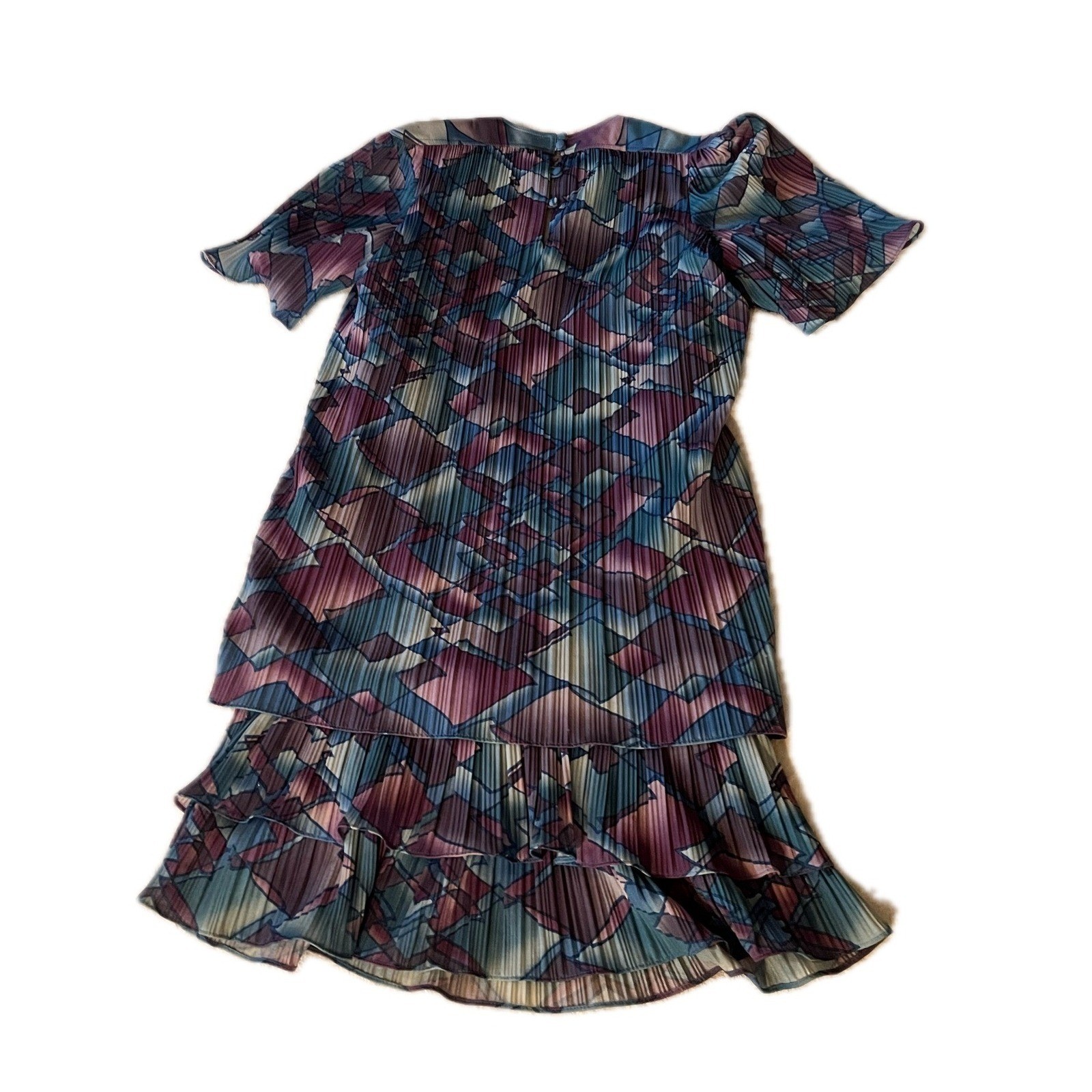 80s Vintage Pleated Geometric Ruffle Art Deco Midi Dress Purple Blue Sz 8P