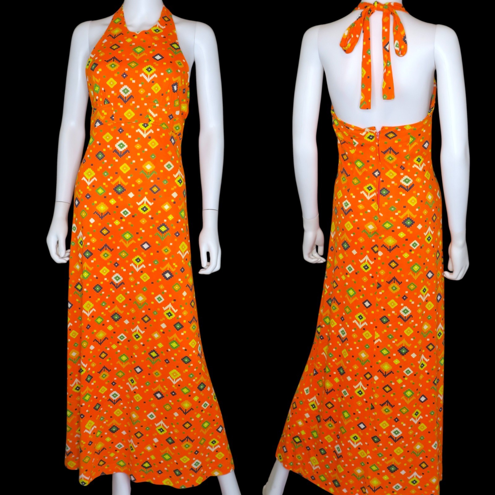 Vintage 70s Sears JR Bazaar Halter Maxi Dress Multicolor Hawaiian Mod Women&rsquo;s SM