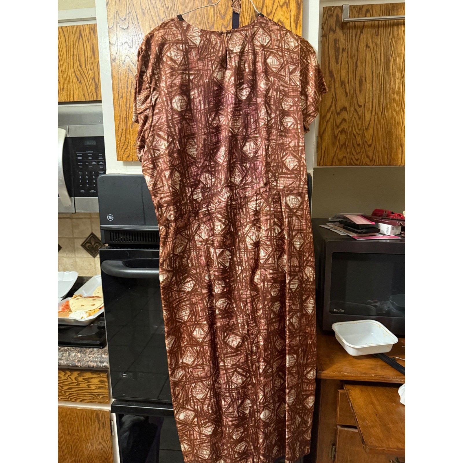 Vintage 50s 60s Abstract Print Dress & Jacket Set Copper Brown MCM Sheath Belted
