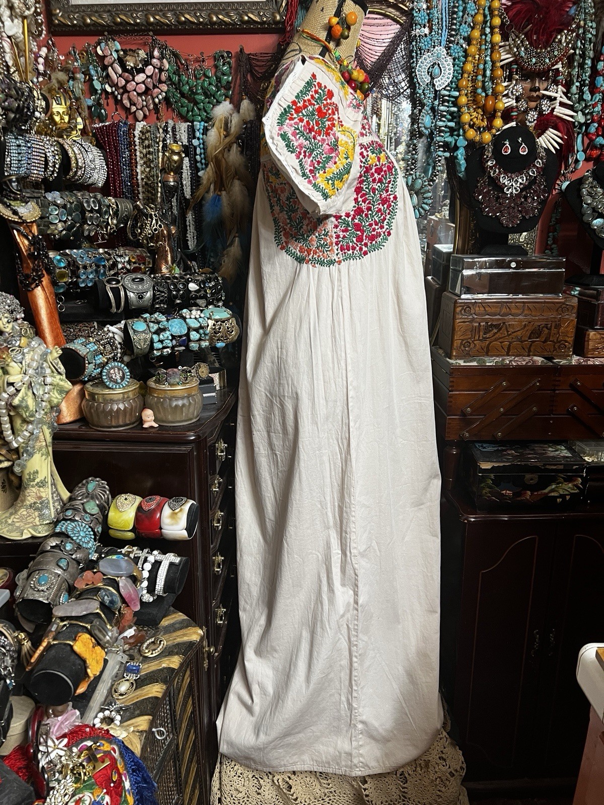 Beautiful Oaxaca Light Beige Dress In Cotton With Multi Color Embroidery M/L