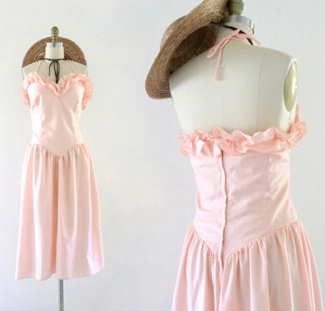 Vintage 80s Dance Allure Peach Ruffle Halter Sweetheart Summer Sun 70s – M