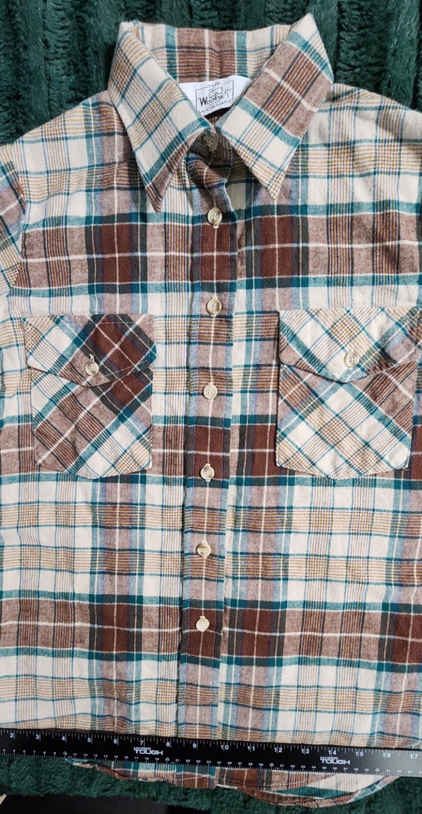 Vintage Woolrich Ladies 9/10 LS Green Brown Plaid Button Up Flannel Shirt