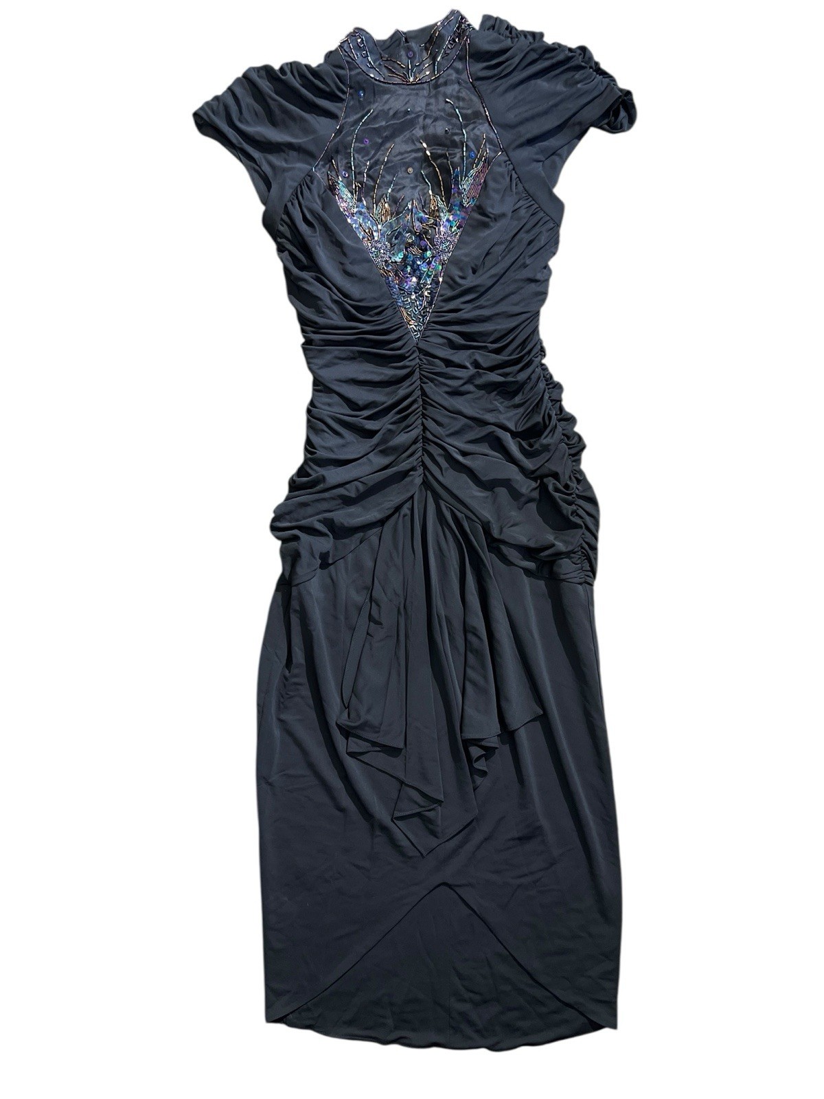 Vtg Casadei Black Beaded Runched Dress Plunging Neckline Sz 8