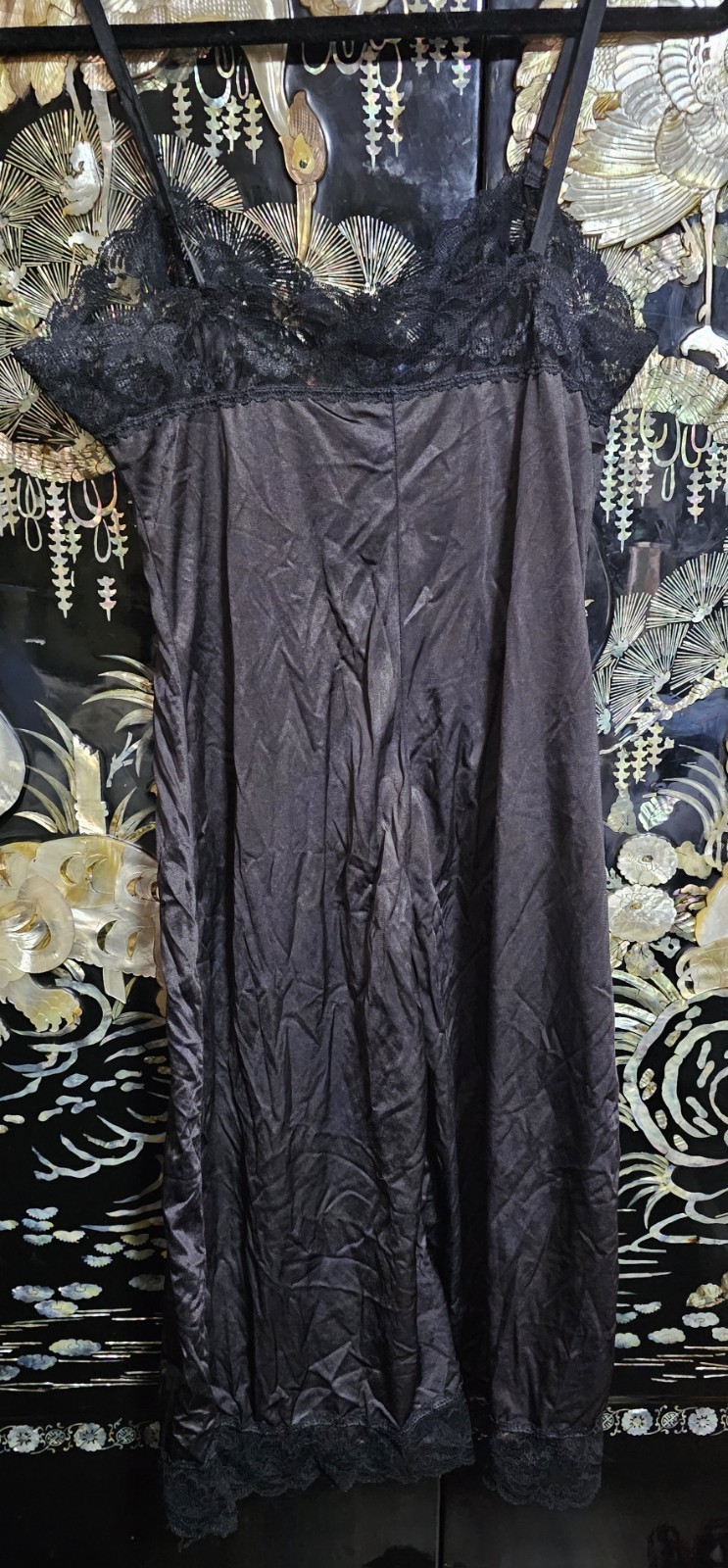 Vintage Collectible Classics SATIN NYLON Lace Slip Dress Black Made In USA 34