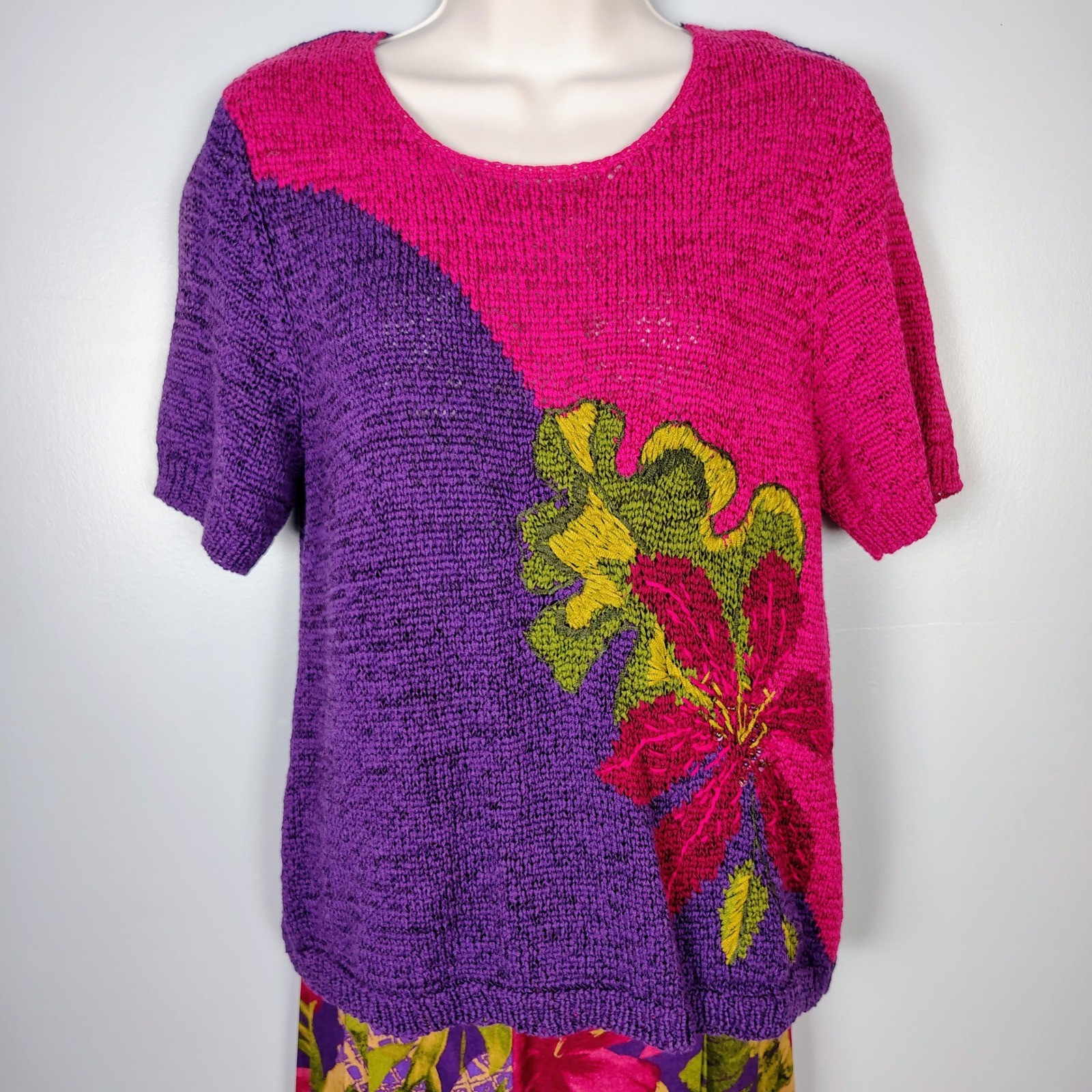 Koret Vintage 2 Piece Set Womens Medium Pink Purple Floral Knit Top Maxi Skirt