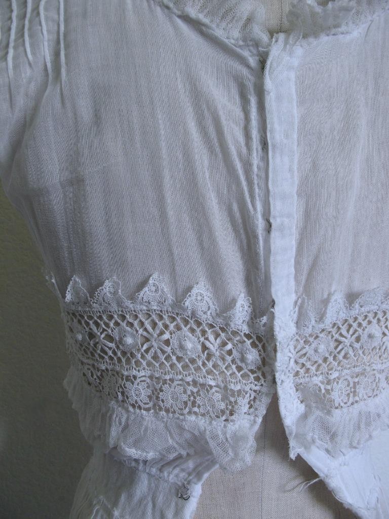 Antique Victorian Edwardian White Sheer Voile Dress XXXS Lace Trim Pintucks