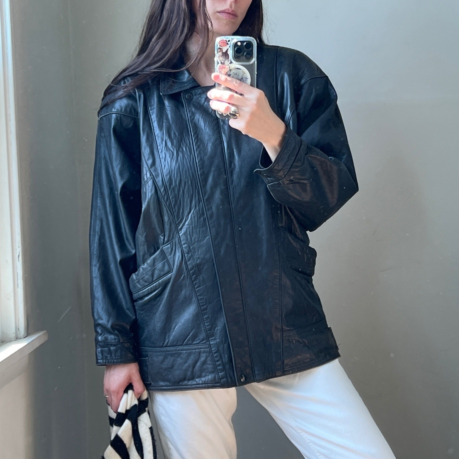 Vintage 80s Leather Jacket Black Biker Moto Dolman Sleeve Batwing Oversized USA