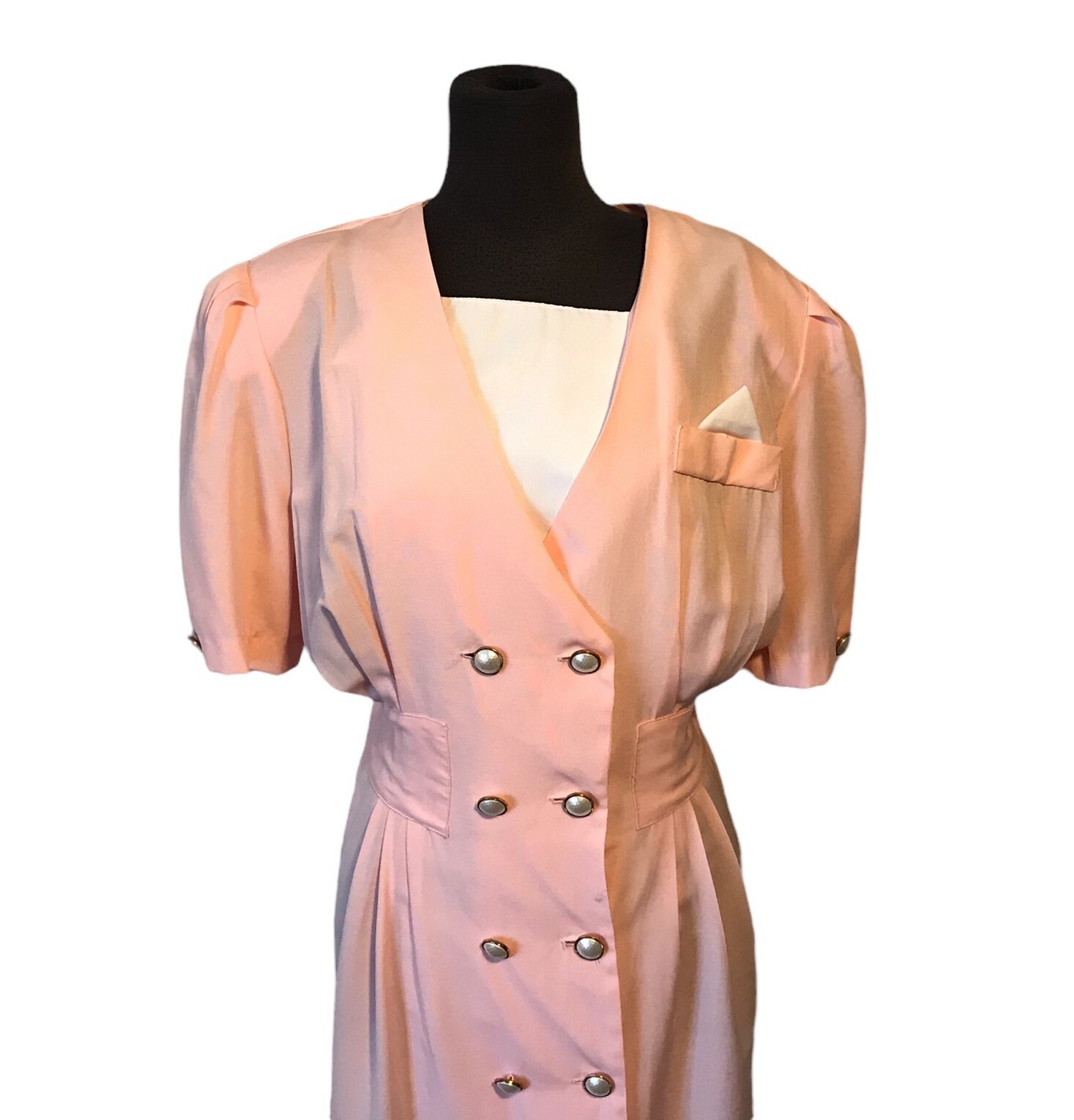 Womens Vintage Spring Easter Church DRESS Pink Button Front Wide Shoulder NWT 12