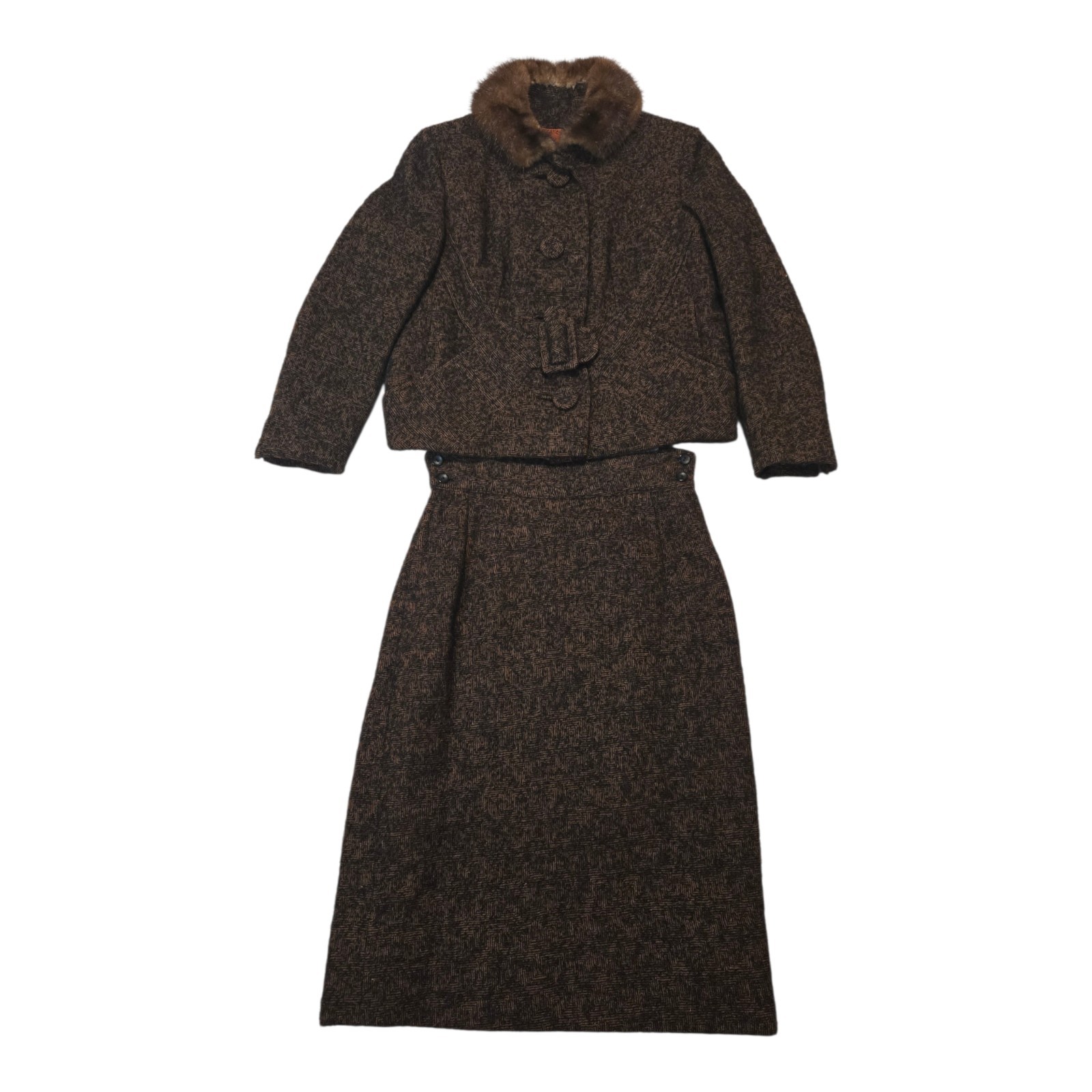 Teed Suit Dark Brown Flecked Wool Jacket With Mink Collar & Pencil Skirt 1960&rsquo;s
