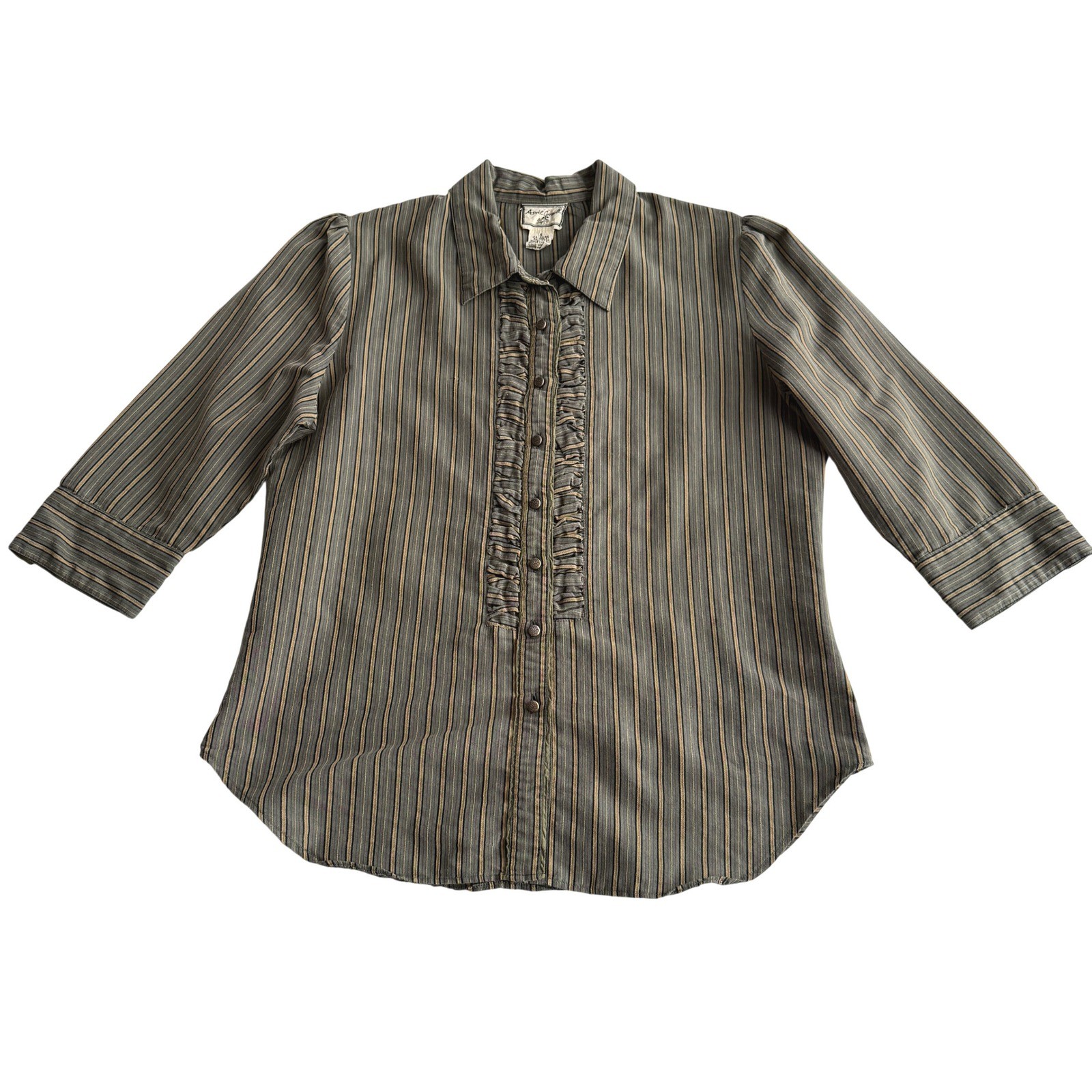 April Cornell VTG Ticking Stripe Cotton Blend Shirred Front Cottagecore Blouse S