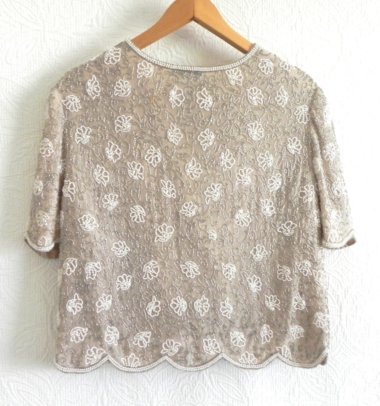 Vtg Stenay Bolero or Top Silk Lined Fully Beading Hook/Loop Light Peach Size XL