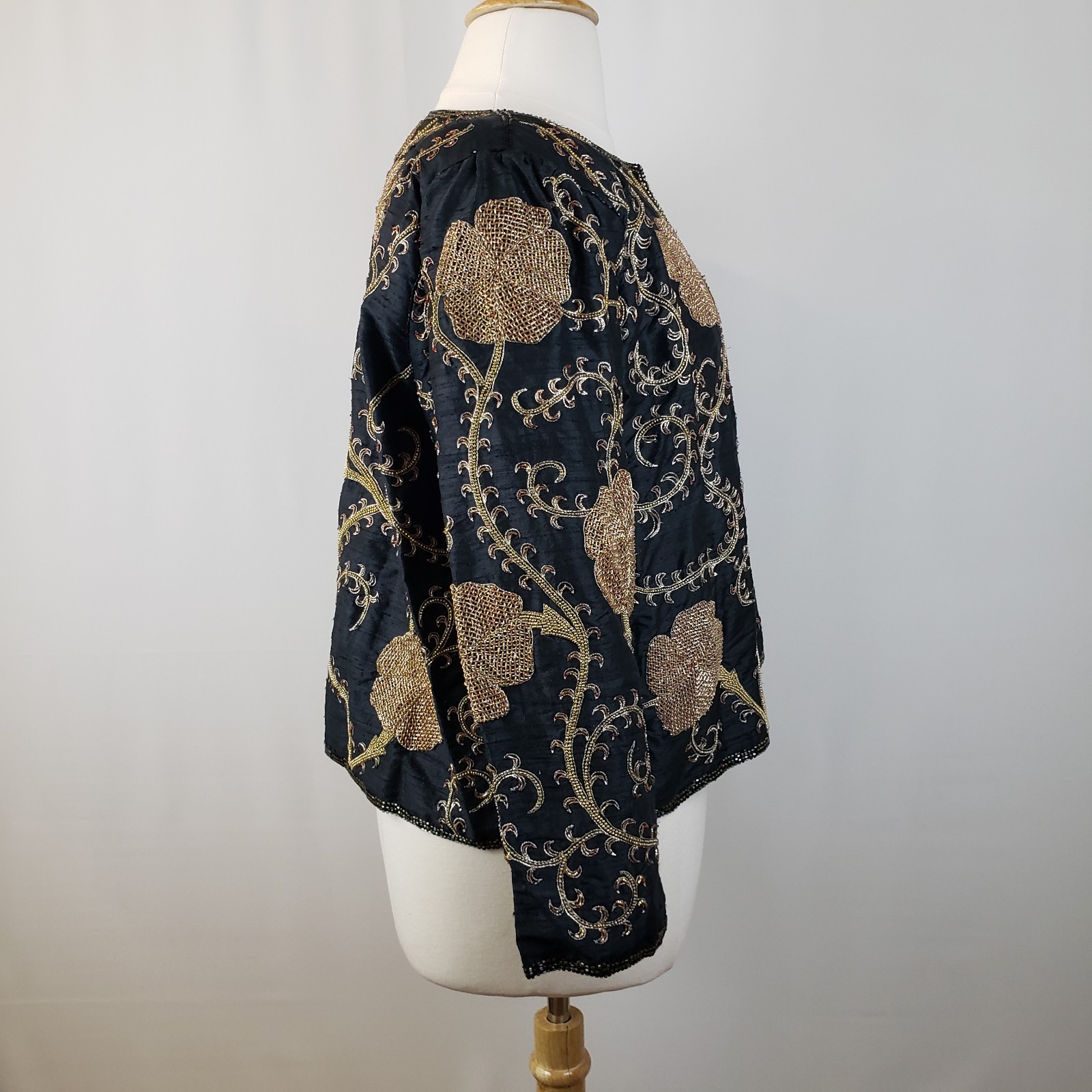 Vintage Starlight Evening Jacket XXL Black Silk Gold Beading Embroidery Handmade