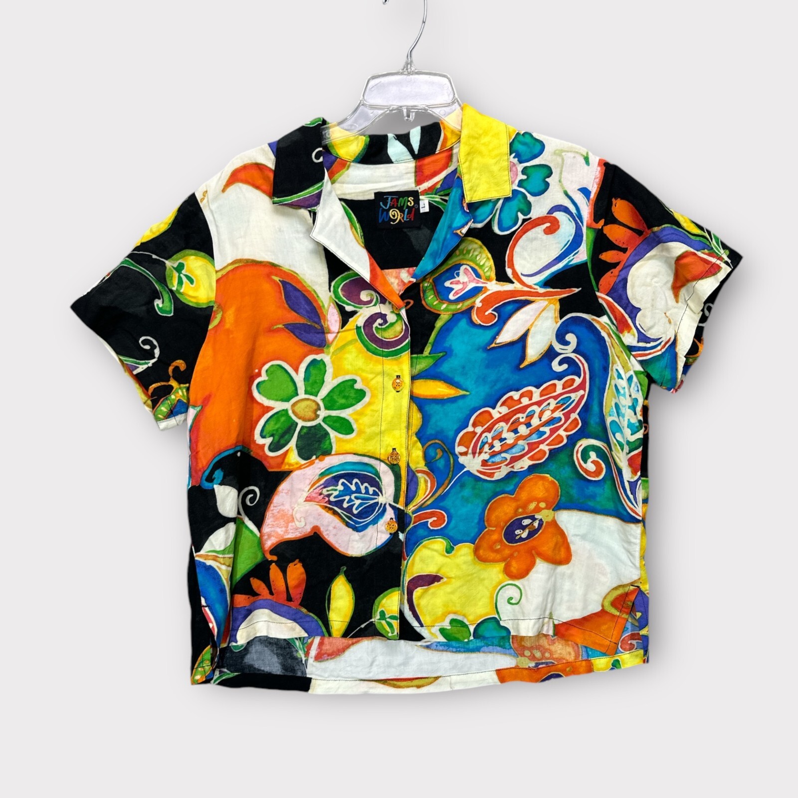vintage JAMS WORLD MYSTERE PRINT TOP Rayon L Hawaiian button up shirt FLORAL 90s