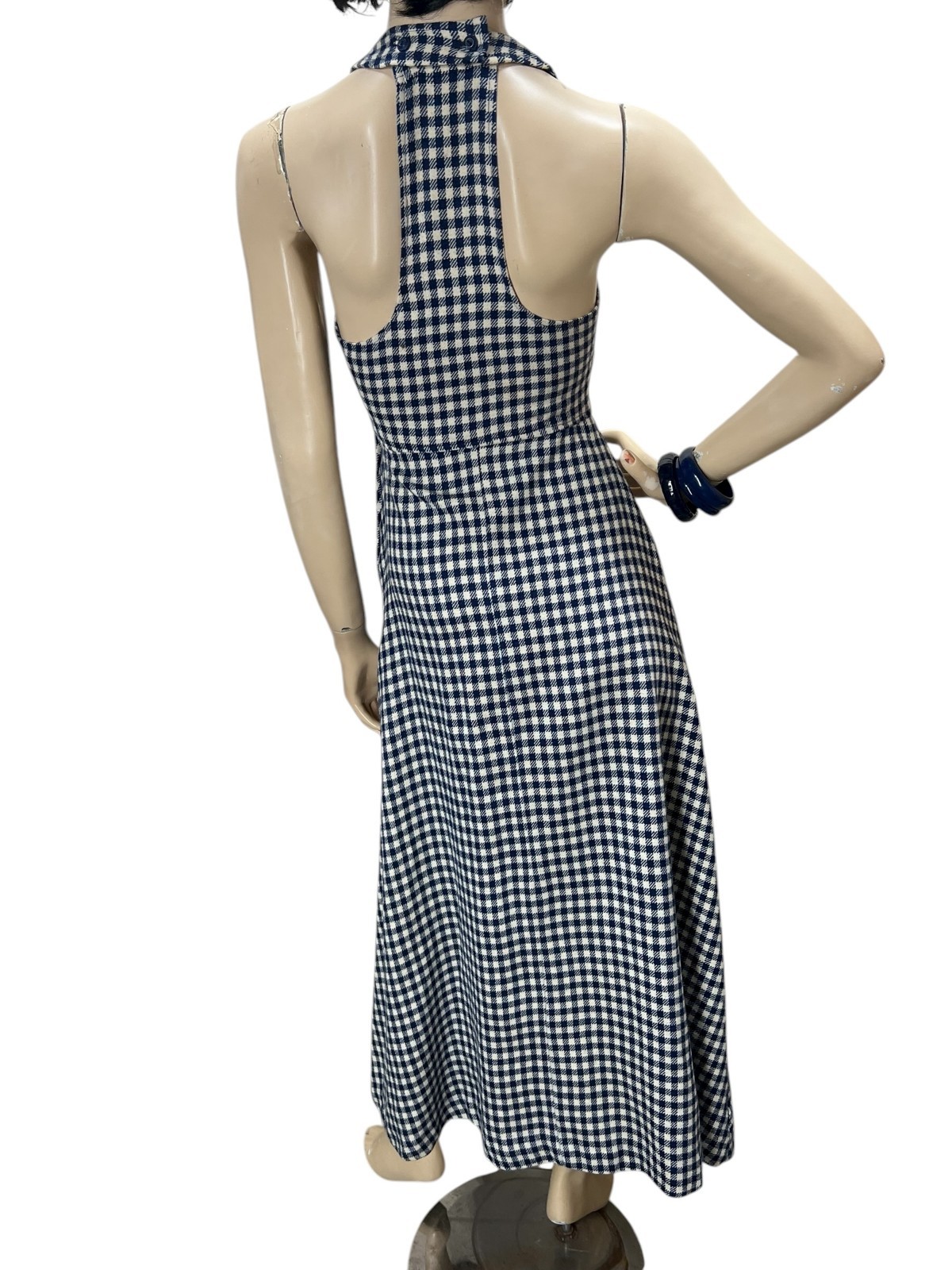 XS~S Vtg 70s Maxi Halter Dress Wool Blend Navy Blue Off White Check Midi A-Line