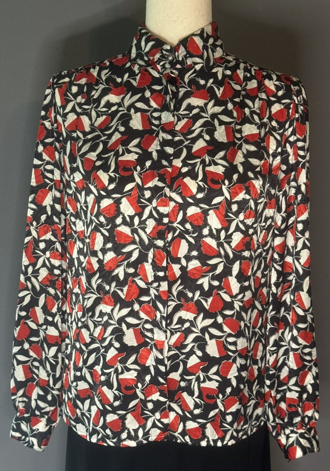 Lloyd Williams Vintage Blouse Black Red White Satin Polyester Size 4