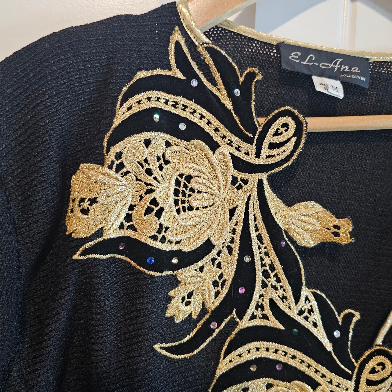 Vintage Floral Sweater Womens Med Black Gold Glam Rock Knit Embellished Evening