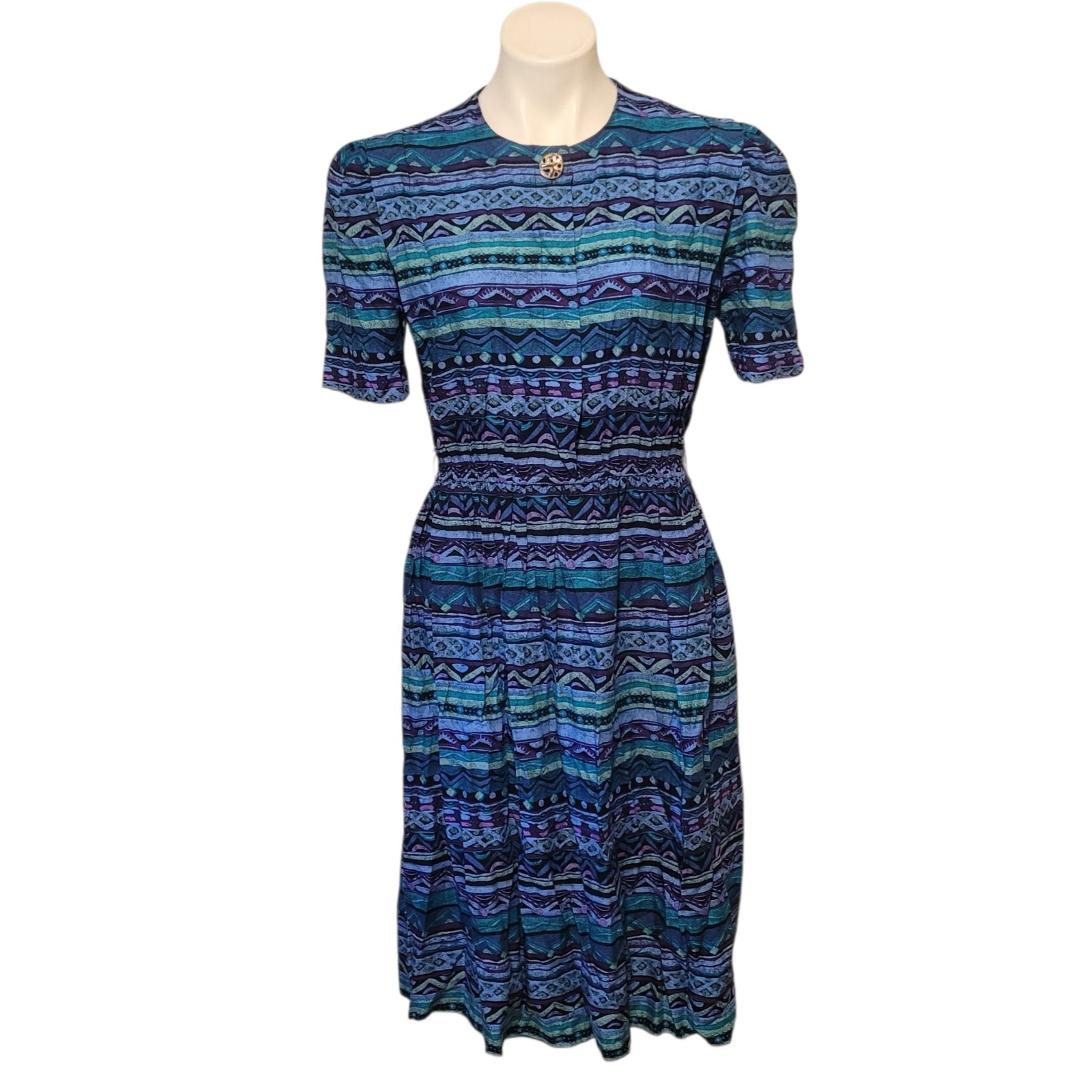 Vintage Lady Carol Dress Size 12 Blue Decorative Button Tribal 80s