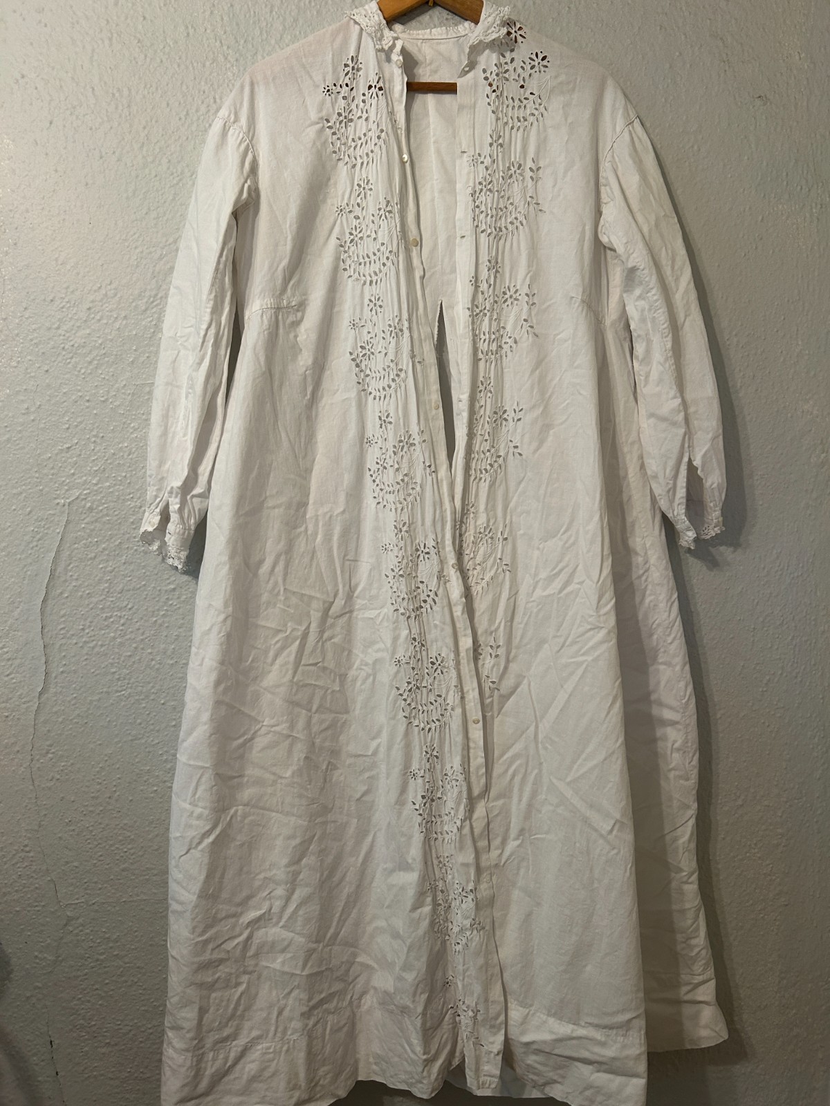 Antique Nightgown White Cotton Victorian Edwardian Handmade Eyelet L/S