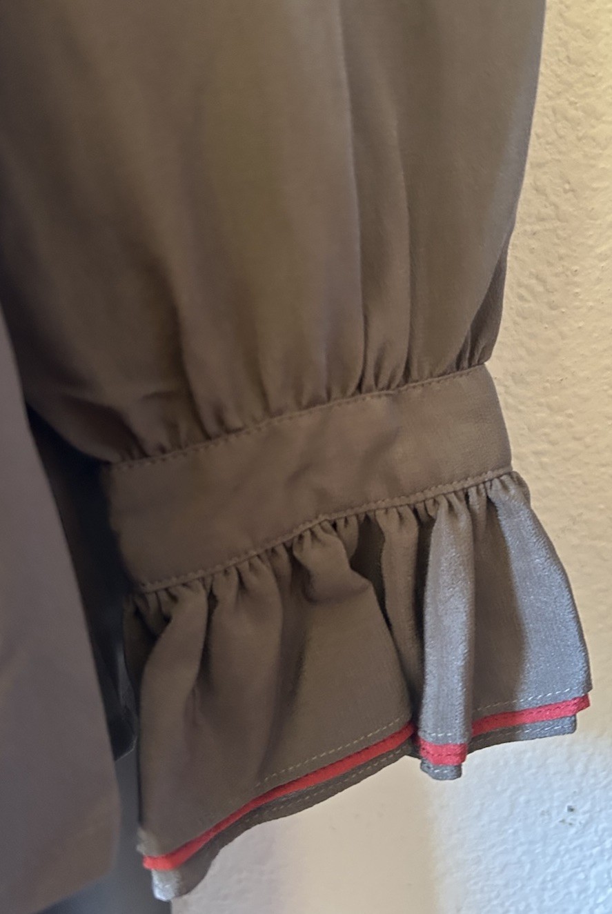 VTG 80’s Royal Silk Gray Red Ruffled Button Front Blouse 10 Neck Tie Unique