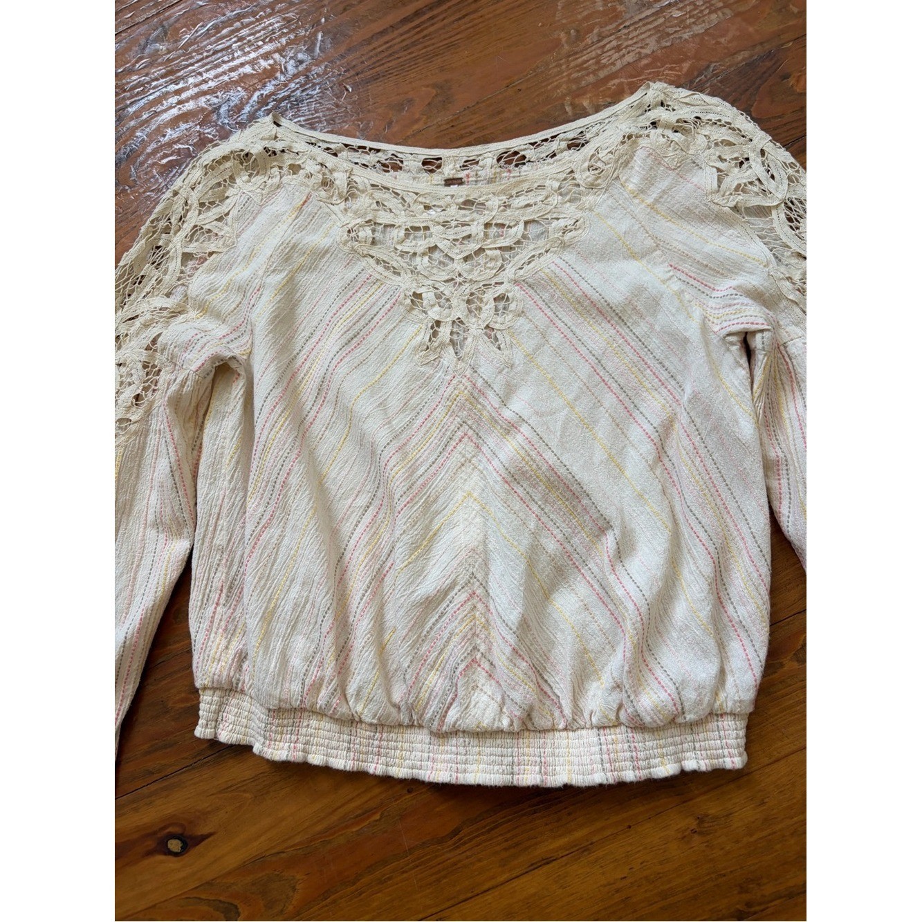 Free People Floating Memories Blouse Retro Crochet Lace Ivory size L Boho
