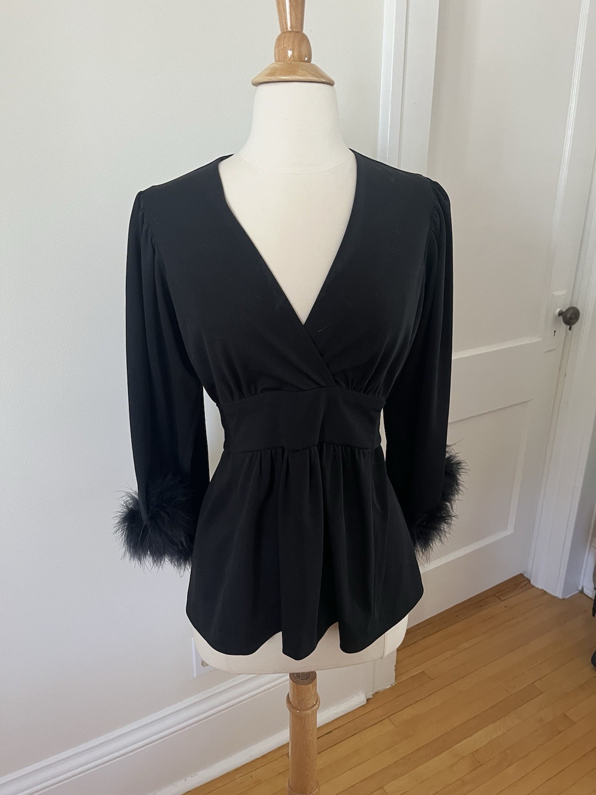 Vintage 1970s Black Polyester Wrap Top Fur Bell Sleeves V-neck