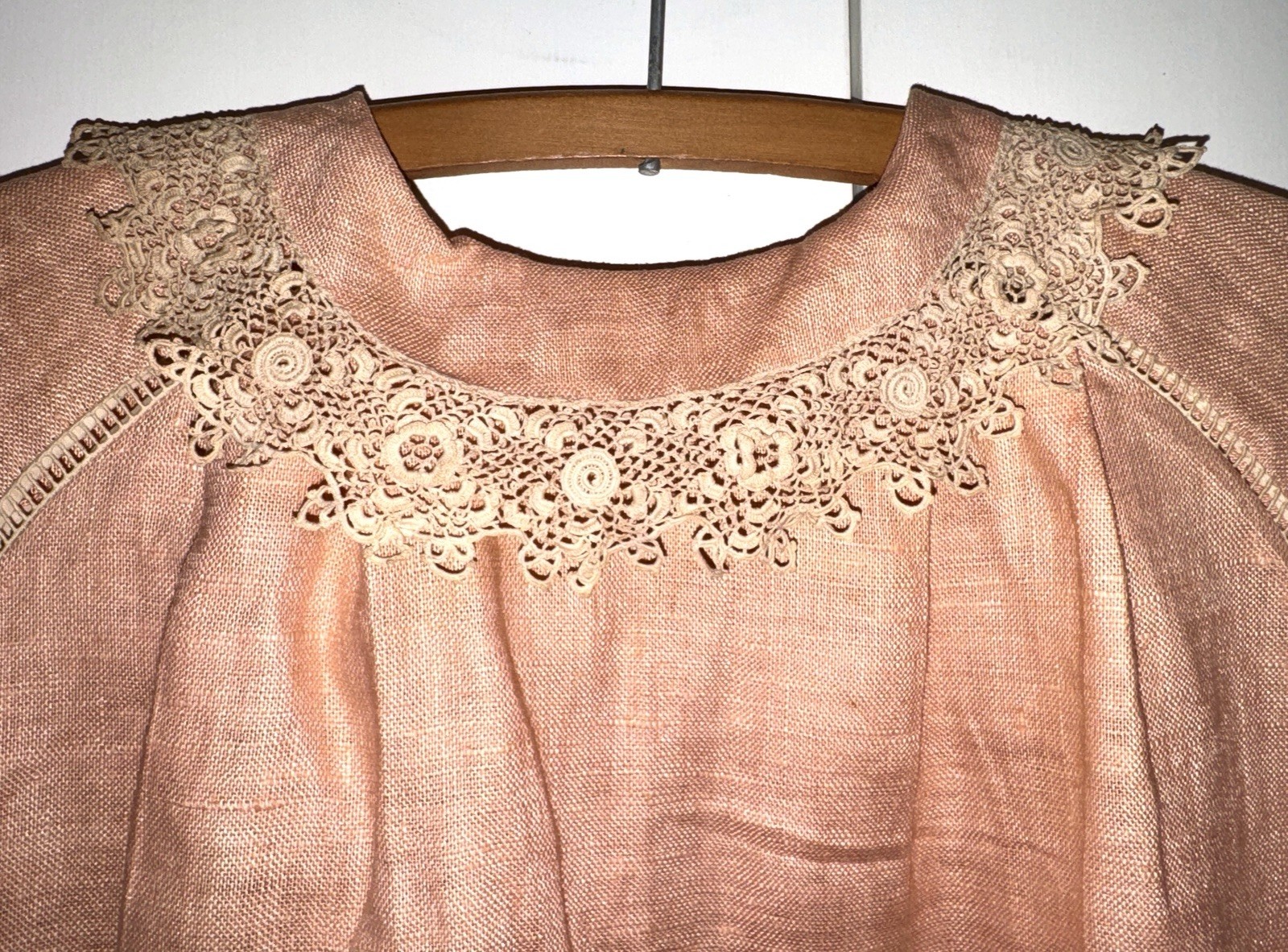 Vtg Antique Peach LINEN + LACE Button-Up Blouse MINI DRESS Robe 29&Prime; Victorian