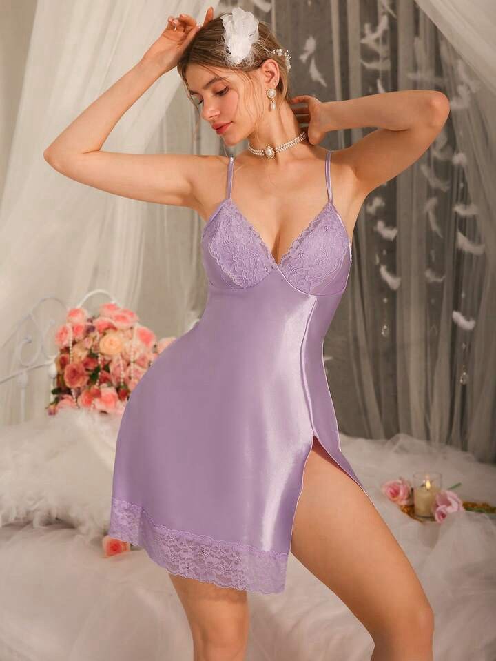 Glossy Embroidery 2nd Skin Satin Babydoll Cami Nightdress Dress Nightgown L NEW